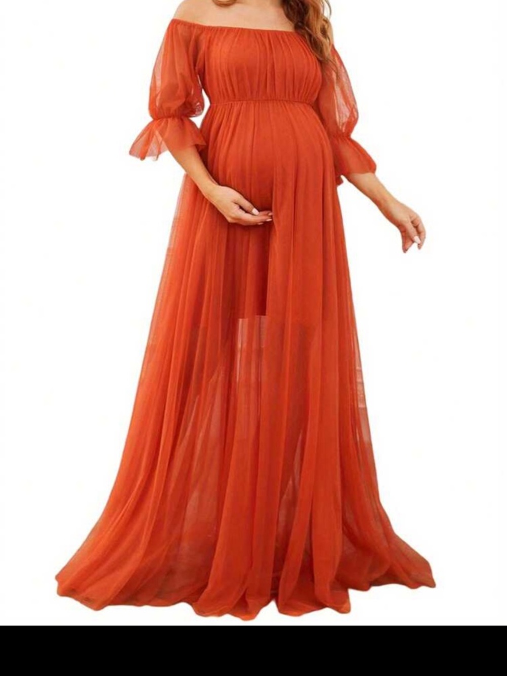 Off-Shoulder Sheer Maternity Gown in Burnt Orange